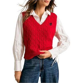 Women's Embroidery Cable Knit Sweater Vest V Neck Knitted Casual Sleeveless Sweater Pullover Top