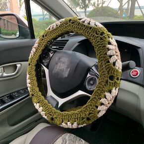 Handmade Crochet Steering Wheel Cover Olive Green Seat Belt Cover, Car Interior Accessories Decorations. (Steering Wheel Cover)