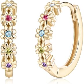 Colorful Flower Small Hoop Earrings for Women Hypoallergenic Dainty CZ Floral Statement 14K Gold Plated Flower Huggie Earrings Flower Jewelry Gifts