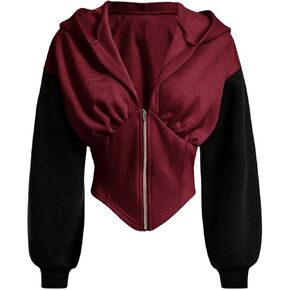 OYOANGLE Women's Casaul Color Block Hooded Sweatshirts Zip Up Drop Shoulder Curved Hem Pullover Tops