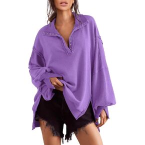 Oversized Sweatshirts for Women Button Down Long Sleeve Henley Pullover Tunic Tops S-2xl Purple