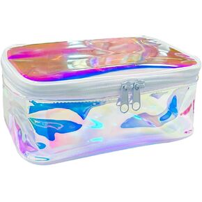 Holographic Makeup Bags Bulk,Clear Storage Bag Toiletry Pocket Portable Zippered Iridescent Pouch Waterproof Cosmetic travel Bags with white zipppe for Women