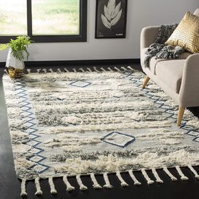 SAFAVIEH Kenya Collection Area Rug - 6' x 9', Grey & Ivory, Hand-Knotted Moroccan Tribal Tassel Wool, Ideal for High Traffic Areas in Living Room, Bedroom (KNY909F)