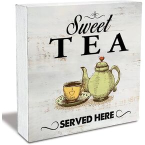 Rustic Sweet Tea Served Here Wood Box Sign Funny Kitchen Wooden Box Sign Farmhouse Home Kitchen Desk Shelf Decor (5 X 5 Inch)