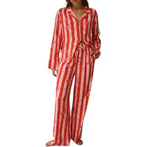 Owl's-Yard Women's 2 Piece PJS Set Y2k Bow Print Long Sleeve Lapel Button Up Shirt+long Pants Pajama Sets Sleepwear