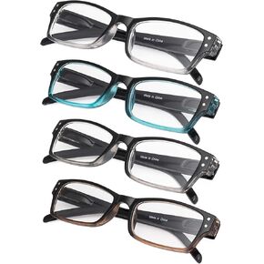 4-pack Rectangular Reading Glasses with Spring Hinges Includes Sunshine Readers