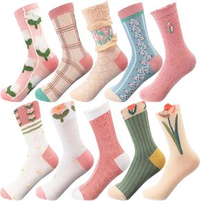 10 Pairs Womens Floral Socks Cute Cottagecore Socks 3D Flower Embroidered Socks Cotton Vintage Crew Socks Gifts