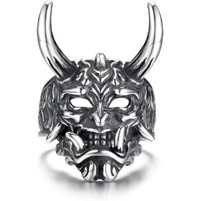 GTHIC Men’s Stainless Steel Japanese Oni Mask Skull Rings Vintage Hannya Half Mask Jewelry Size 7-13