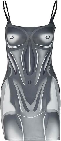 Greenery-GRE Womens Sexy Spaghetti Strap Bodycon Mini Dress 3D Body Print Tight Slip Midi Dress for Date Night Outfits in Saudi Arabia
