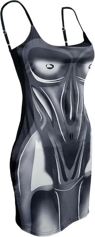 Greenery-GRE Womens Sexy Spaghetti Strap Bodycon Mini Dress 3D Body Print Tight Slip Midi Dress for Date Night Outfits in Saudi Arabia