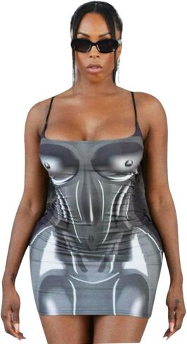 Greenery-GRE Womens Sexy Spaghetti Strap Bodycon Mini Dress 3D Body Print Tight Slip Midi Dress for Date Night Outfits in Saudi Arabia