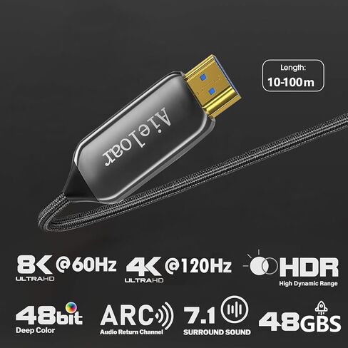 Optic Fiber HDMI 2.1 Cable 300ft,8K@60Hz 4K@120Hz Dynamic HDR 10, eARC, HDCP2.2, 4:4:4 7680x4320 Resolution, 48Gbps Optical Fiber HDMI 2.1 Cable for PS5/8K TV/LG TV in Kuwait