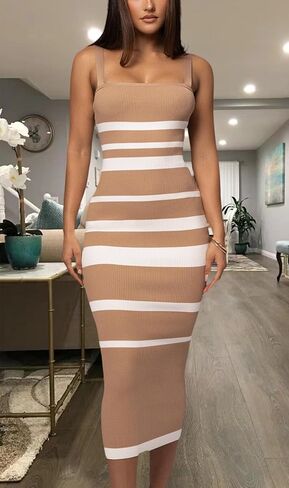 فستان CutieLove نسائي كاجوال بدون أكمام مخطط متوسط ​​الطول ورقبة مربعة وفساتين محبوكة مضلعة in Kuwait