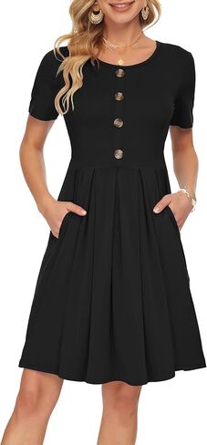 AUSELILY Women's Short Sleeve Summer Dress Pleated Button Down Knee Length Dresses with Pockets 2025 New in Kuwait