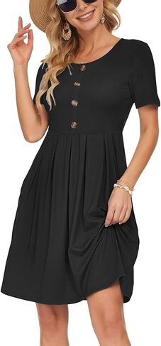 AUSELILY Women's Short Sleeve Summer Dress Pleated Button Down Knee Length Dresses with Pockets 2025 New in Kuwait
