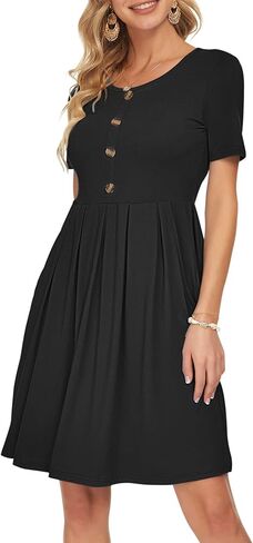 AUSELILY Women's Short Sleeve Summer Dress Pleated Button Down Knee Length Dresses with Pockets 2025 New in Kuwait