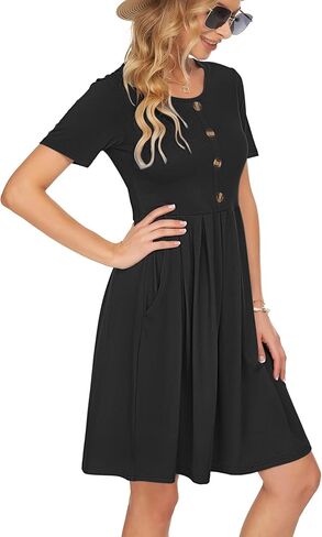 AUSELILY Women's Short Sleeve Summer Dress Pleated Button Down Knee Length Dresses with Pockets 2025 New in Kuwait