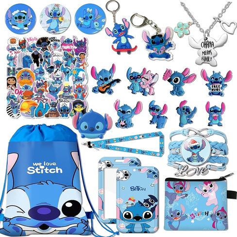 Stitch Merchandise Gift Set for Girls Drawstring Bag, Stickers, Lanyard, Necklace, Bracelet, Keychain and Button Pin in Saudi Arabia