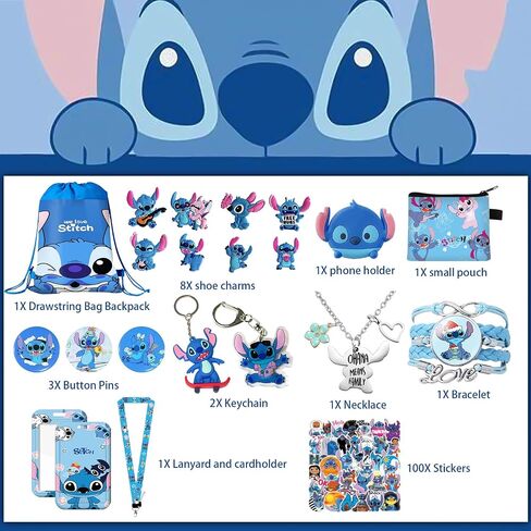 Stitch Merchandise Gift Set for Girls Drawstring Bag, Stickers, Lanyard, Necklace, Bracelet, Keychain and Button Pin in Saudi Arabia