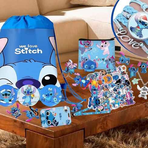 Stitch Merchandise Gift Set for Girls Drawstring Bag, Stickers, Lanyard, Necklace, Bracelet, Keychain and Button Pin in Saudi Arabia