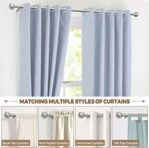 قضيب ستارة فردي مقاس 1 بوصة من كامانينا 32 إلى 58 بوصة (2.6-4.8 قدم)، قضيب ستائر فضي عتيق قابل للتعديل للنوافذ، نهاية نسيج شبكي مزخرف in Kuwait