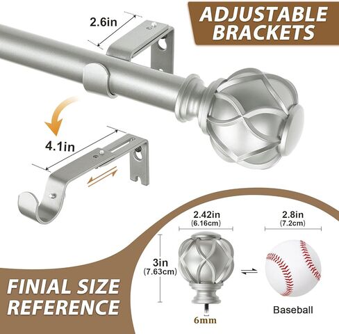قضيب ستارة فردي مقاس 1 بوصة من كامانينا 32 إلى 58 بوصة (2.6-4.8 قدم)، قضيب ستائر فضي عتيق قابل للتعديل للنوافذ، نهاية نسيج شبكي مزخرف in Kuwait