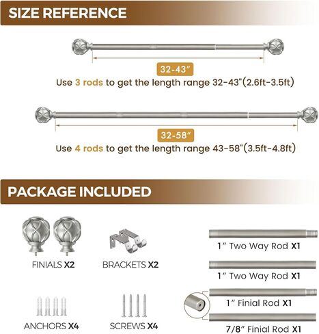قضيب ستارة فردي مقاس 1 بوصة من كامانينا 32 إلى 58 بوصة (2.6-4.8 قدم)، قضيب ستائر فضي عتيق قابل للتعديل للنوافذ، نهاية نسيج شبكي مزخرف in Kuwait