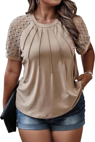 SOLY HUX Women's Plus Size Contrast Lace Short Sleeve Tee Round Neck Summer T Shirt Tops in Saudi Arabia