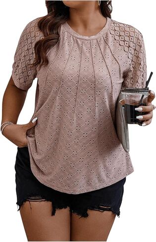 SOLY HUX Women's Plus Size Contrast Lace Short Sleeve Tee Round Neck Summer T Shirt Tops in Saudi Arabia