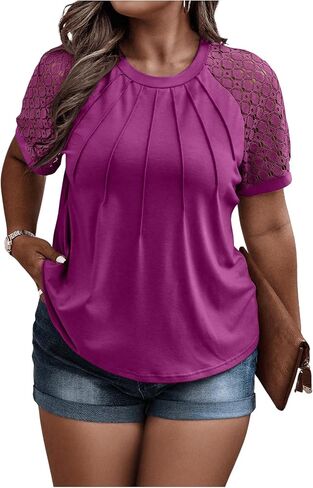 SOLY HUX Women's Plus Size Contrast Lace Short Sleeve Tee Round Neck Summer T Shirt Tops in Saudi Arabia