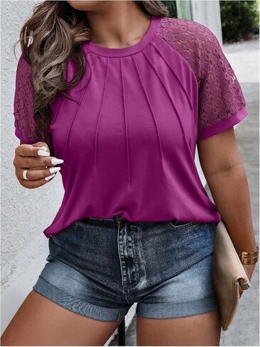 SOLY HUX Women's Plus Size Contrast Lace Short Sleeve Tee Round Neck Summer T Shirt Tops in Saudi Arabia