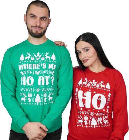 تيشيرتات بأكمام طويلة للحفلات ذات سترة قبيحة خضراء وحمراء متطابقة للزوجين Where's My Ho at Tshirt in Kuwait