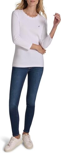 Nautica Women's 3/4 Sleeve Length Cotton Solid Scalloped Knit Top in Saudi Arabia