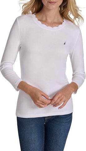 Nautica Women's 3/4 Sleeve Length Cotton Solid Scalloped Knit Top in Saudi Arabia
