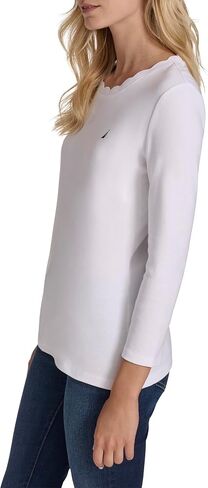 Nautica Women's 3/4 Sleeve Length Cotton Solid Scalloped Knit Top in Saudi Arabia