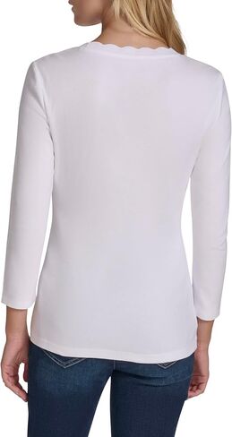 Nautica Women's 3/4 Sleeve Length Cotton Solid Scalloped Knit Top in Saudi Arabia