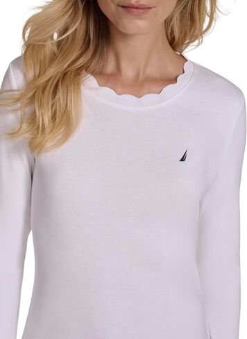 Nautica Women's 3/4 Sleeve Length Cotton Solid Scalloped Knit Top in Saudi Arabia