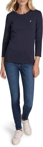 Nautica Women's 3/4 Sleeve Length Cotton Solid Scalloped Knit Top in Saudi Arabia