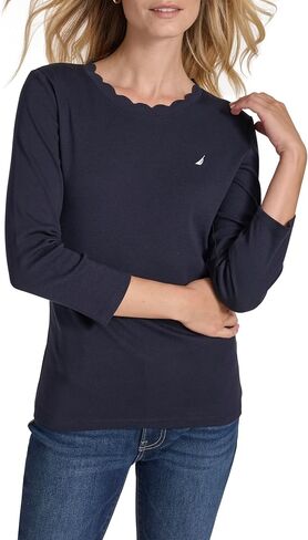 Nautica Women's 3/4 Sleeve Length Cotton Solid Scalloped Knit Top in Saudi Arabia