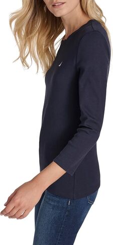 Nautica Women's 3/4 Sleeve Length Cotton Solid Scalloped Knit Top in Saudi Arabia