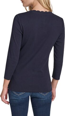 Nautica Women's 3/4 Sleeve Length Cotton Solid Scalloped Knit Top in Saudi Arabia