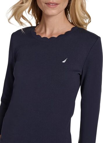 Nautica Women's 3/4 Sleeve Length Cotton Solid Scalloped Knit Top in Saudi Arabia