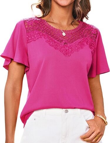 قمصان نسائية صيفية من GRACE KARIN بأكمام مكشكشة 2025 عصرية من الدانتيل مُزينة بالزهور ورقبة دائرية مضلعة تي شيرت بلوزات غير رسمية أنيقة in Kuwait