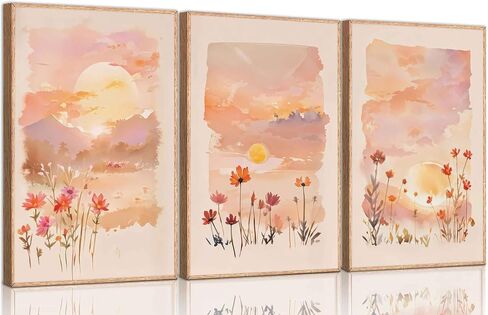 3 Pieces Sunrise Canvas Wall Art Blush Pink Wildflowers Floral and Orange Sunset Watercolor Landscape Paintings Pictures Wall Decor Poster Print Artwork for Living Room Bedroom Home Decoration in Kuwait
