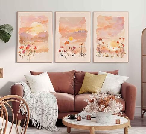 3 Pieces Sunrise Canvas Wall Art Blush Pink Wildflowers Floral and Orange Sunset Watercolor Landscape Paintings Pictures Wall Decor Poster Print Artwork for Living Room Bedroom Home Decoration in Kuwait