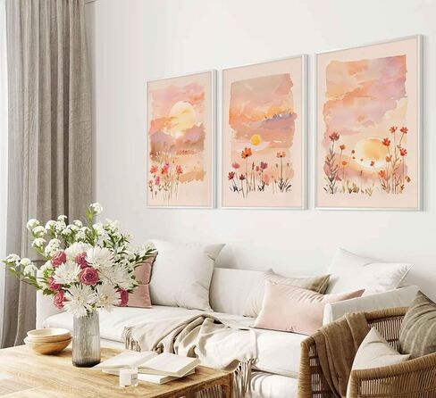 3 Pieces Sunrise Canvas Wall Art Blush Pink Wildflowers Floral and Orange Sunset Watercolor Landscape Paintings Pictures Wall Decor Poster Print Artwork for Living Room Bedroom Home Decoration in Kuwait