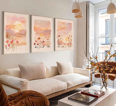 3 Pieces Sunrise Canvas Wall Art Blush Pink Wildflowers Floral and Orange Sunset Watercolor Landscape Paintings Pictures Wall Decor Poster Print Artwork for Living Room Bedroom Home Decoration in Kuwait