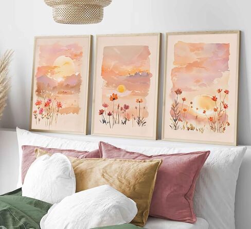 3 Pieces Sunrise Canvas Wall Art Blush Pink Wildflowers Floral and Orange Sunset Watercolor Landscape Paintings Pictures Wall Decor Poster Print Artwork for Living Room Bedroom Home Decoration in Kuwait