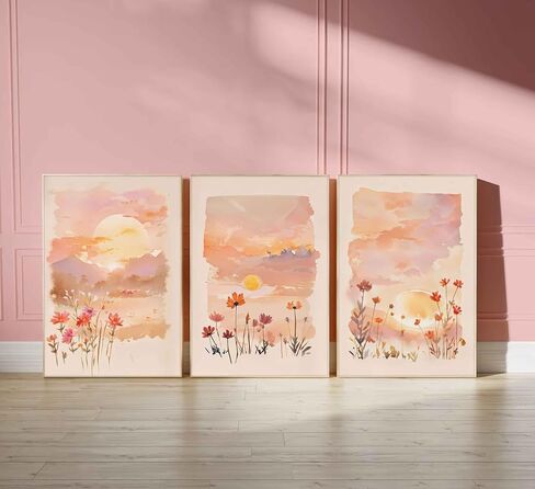 3 Pieces Sunrise Canvas Wall Art Blush Pink Wildflowers Floral and Orange Sunset Watercolor Landscape Paintings Pictures Wall Decor Poster Print Artwork for Living Room Bedroom Home Decoration in Kuwait