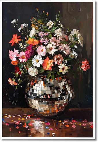Colorful Moody Florals Disco Ball Canvas Wall Art, Maximalist Funky Wildflowers Bouquet Disco Ball Poster, Retro Cottagecore Flower Prints Paiting, Vintage Eclectic Wall Decor 12x16in Unframed in Saudi Arabia